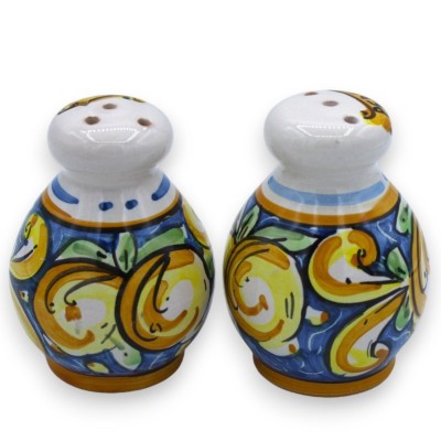 Salt and pepper set with tray, Caltagirone ceramic - Blue, flowers and lemons decoration - 