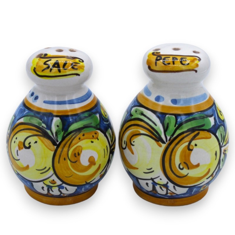 Salt and pepper set with tray, Caltagirone ceramic - Blue, flowers and lemons decoration - 