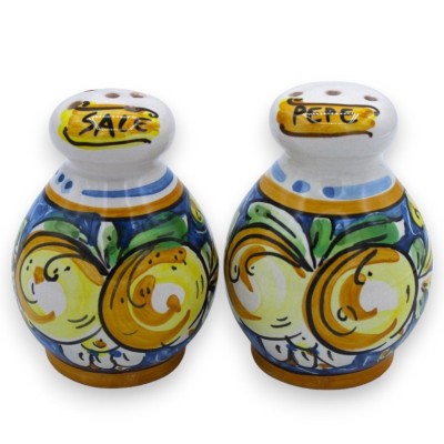 Salt and pepper set with tray, Caltagirone ceramic - Blue, flowers and lemons decoration - 