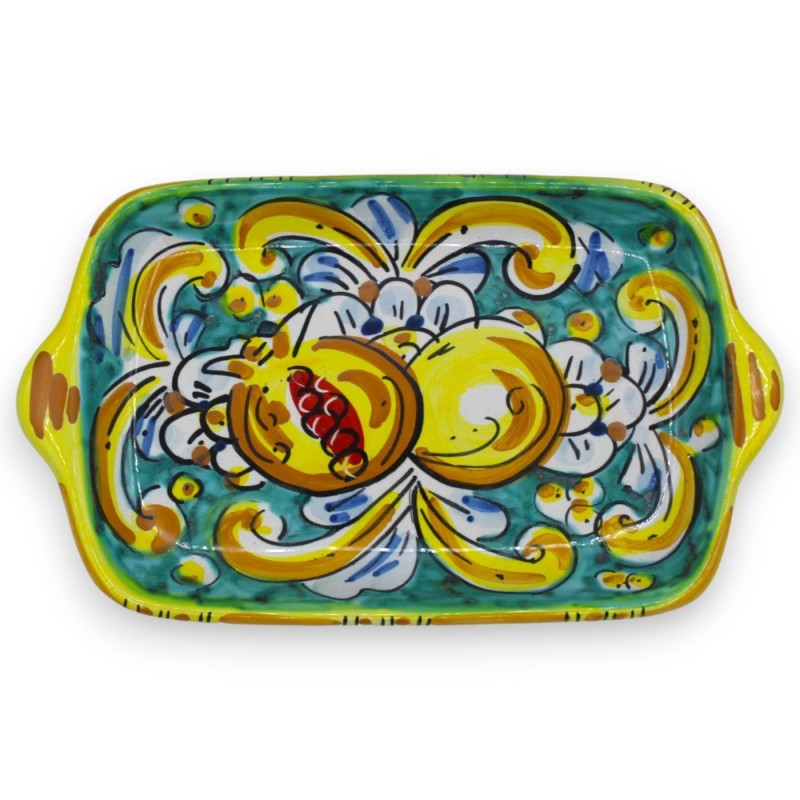 Conjunto de sal e pimenta com bandeja, cerâmica Caltagirone - decoração com verdete, romã, limão e flores - 