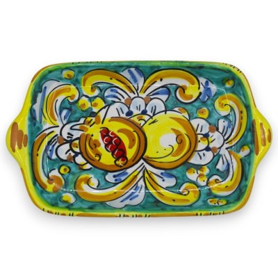 Conjunto de sal e pimenta com bandeja, cerâmica Caltagirone - decoração com verdete, romã, limão e flores - 