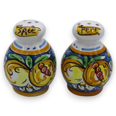 Set Sale e Pepe con vassoio, ceramica Caltagirone - blu, decoro melograno, fiori e limoni - 