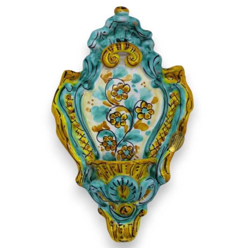 Bénitier en céramique sicilienne - h 23 x L 14 cm environ. fond vert et jaune, décoration florale MD3 - 