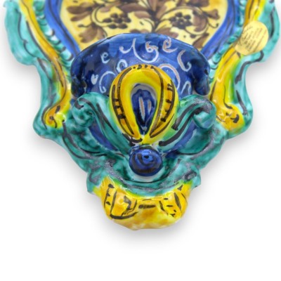 Sicilian ceramic stoup, h 22 cm approx. yellow, blue and green background, MOD 8 flowers decoration - 