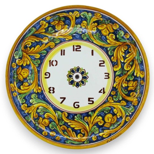 Orologio in ceramica Caltagirone, Ø 30 cm ca. Completo di Ingranaggio, decoro barocco verde e giallo -