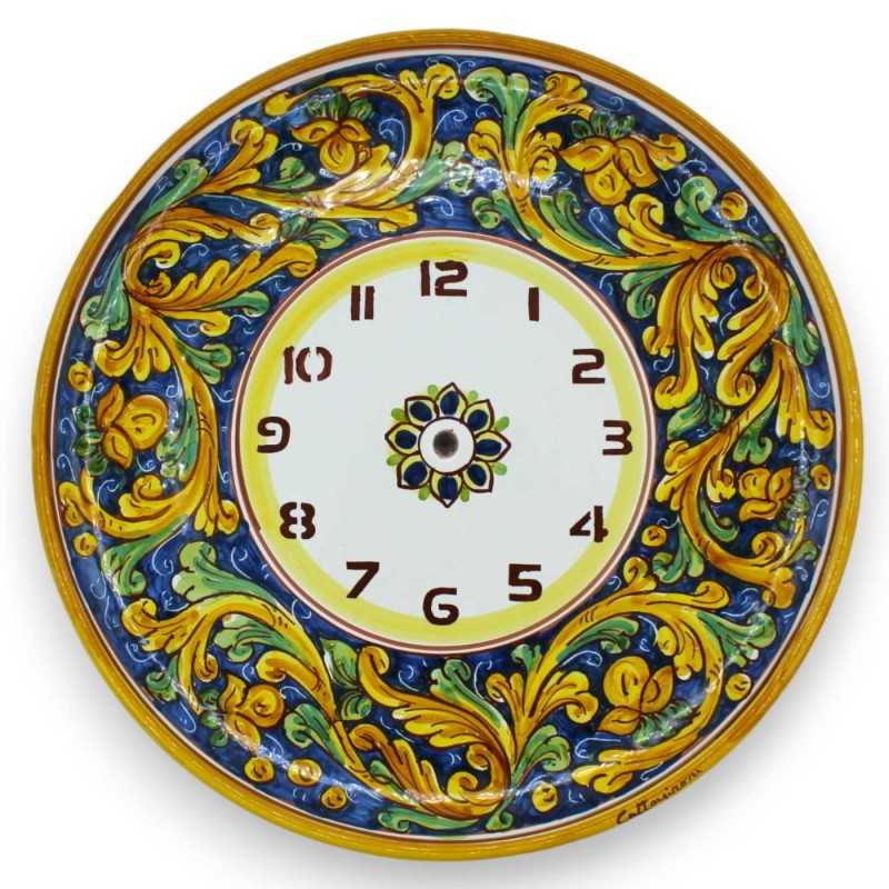 Orologio in ceramica Caltagirone - Ø 30 cm ca. Completo di Ingranaggio, decoro barocco verde e giallo - 
