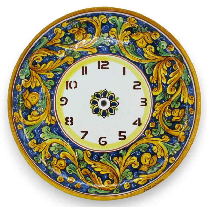 Orologio in ceramica Caltagirone, Ø 30 cm ca. Completo di Ingranaggio, decoro barocco verde e giallo - 