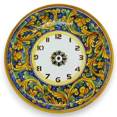 Orologio in ceramica Caltagirone, Ø 30 cm ca. Completo di Ingranaggio, decoro barocco verde e giallo - 