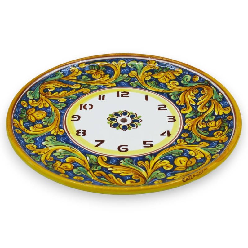 Orologio in ceramica Caltagirone, Ø 30 cm ca. Completo di Ingranaggio, decoro barocco verde e giallo - 