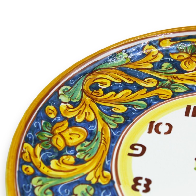 Orologio in ceramica Caltagirone, Ø 30 cm ca. Completo di Ingranaggio, decoro barocco verde e giallo - 