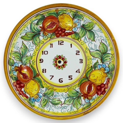 Orologio in ceramica Caltagirone - Ø 30 cm ca. Completo di Ingranaggio, decoro limoni, uva e melograni -