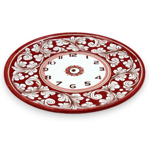 Orologio in ceramica Caltagirone - Ø 30 cm ca. Completo di Ingranaggio, decoro barocco bianco e fondo rosso -  2