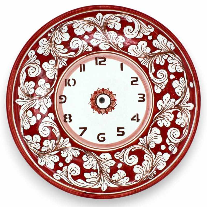Relógio de cerâmica Caltagirone - Ø 30 cm aprox. Completo com Ingranaggio, decoração barroca branca e fundo vermelho - 