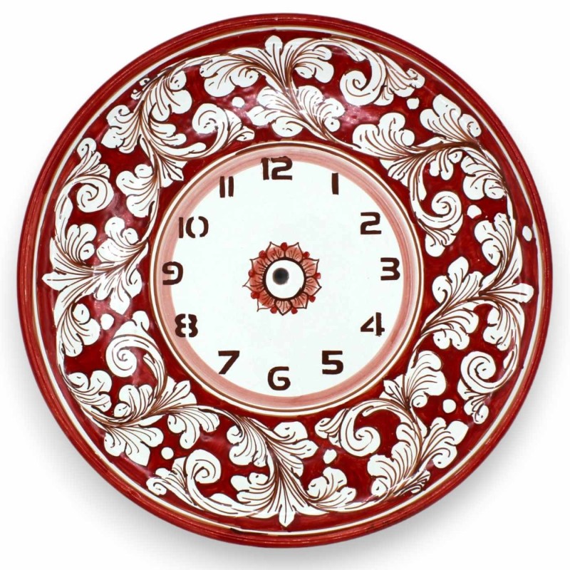 Reloj de cerámica Caltagirone - Ø 30 cm aprox. Completo con Ingranaggio, decoración barroca blanca y fondo rojo. - 