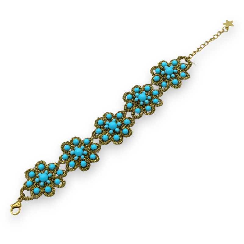 Bracelet en fine dentelle de frivolité sicilienne et sphères turquoise 100% artisanales - L 22 cm env. -