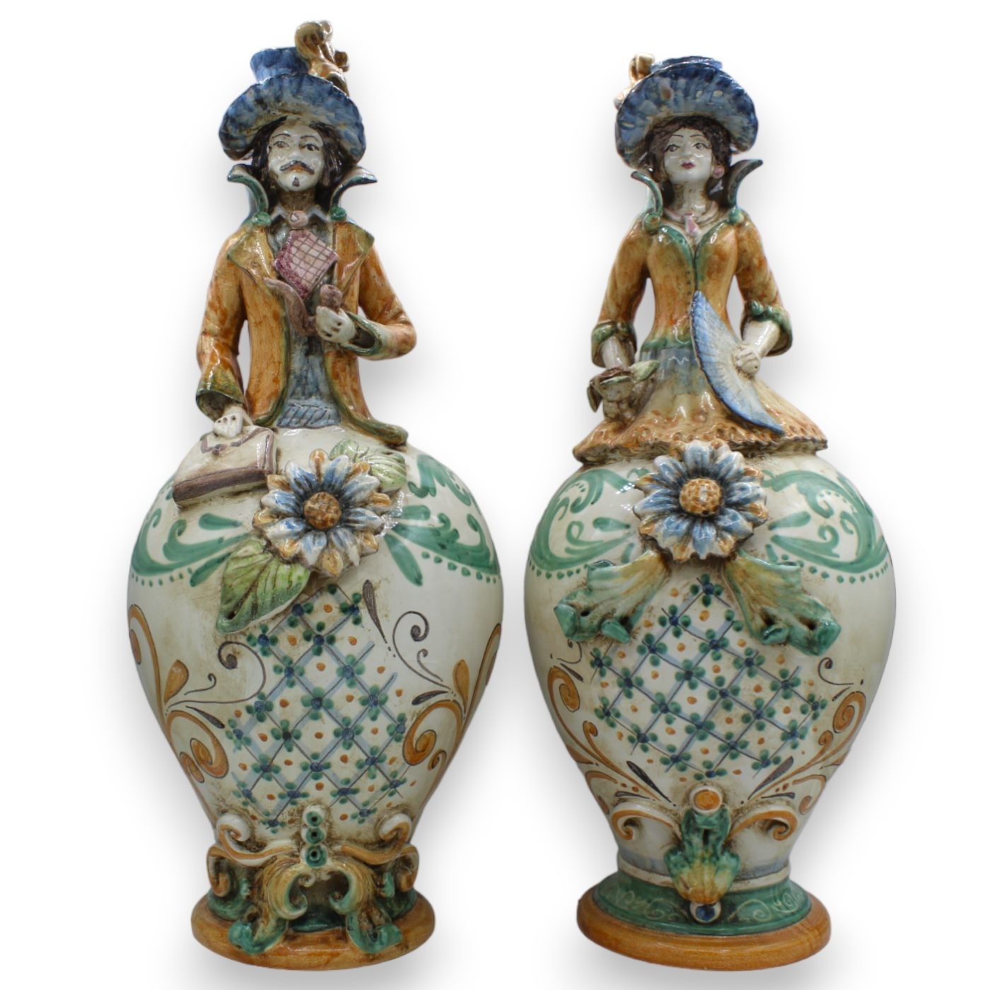 Coppia di Lumiere "Signorotti" del 700 in ceramica Caltagirone, h 50 cm ca. deco - Foto 1 di 1