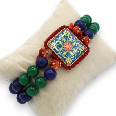 Bracelet avec double brin de Lapis et agate verte, environ 18 cm. carrelage en pierre de lave et majolique bordeaux - 