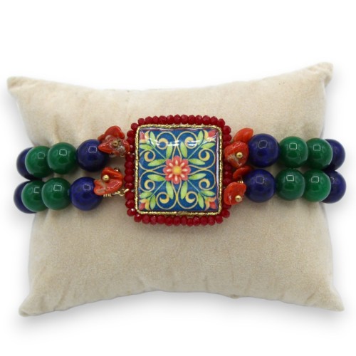 Bracelet avec double brin de Lapis et agate verte, environ 18 cm. carrelage en pierre de lave et majolique bordeaux -  2