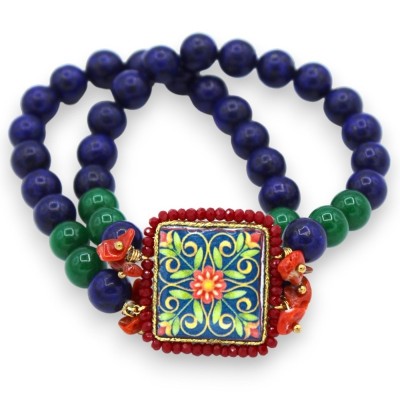 Bracelet avec double brin de Lapis et agate verte, environ 18 cm. carrelage en pierre de lave et majolique bordeaux - 