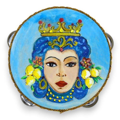Pandeiro siciliano com chocalhos - médio - feito de madeira e couro genuíno - aprox. Ø 15 cm (1pc) pintados à mão, 2 dec 2