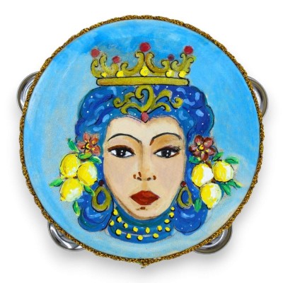 Tambourin sicilien avec hochets - moyen - en bois et cuir véritable - Ø environ 15 cm (1pc) peint à la main, 2 décoratio