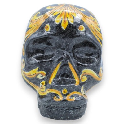 Black skull in Caltagirone ceramic - h 15 x 19 cm approx. Ornate Baroque decoration - 