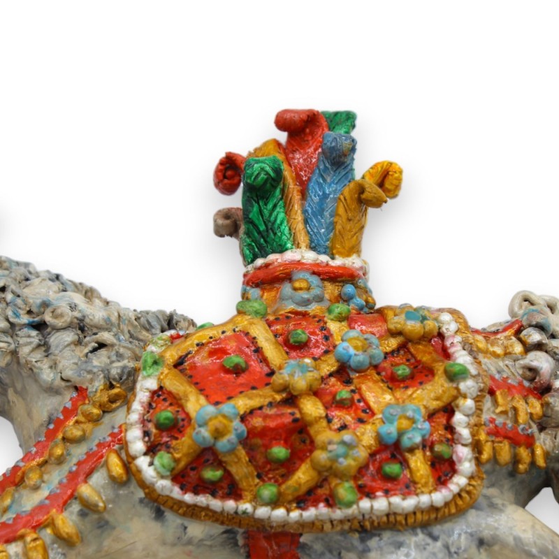 Caballo de cerámica siciliano del carro siciliano - L 30 x h 28 cm aprox. con aplicaciones y decoraciones en relieve MOD