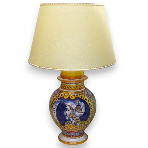 Barokowa lampa z ceramiki sycylijskiej - wys. 85 cm ok. Dekoracja barokowo-geometryczna z popiersiem paladyna - 