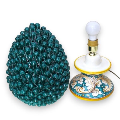 Lampada Pigna traforata in ceramica Caltagirone - h 45 cm ca. Verderame con gambo decoro barocco - 