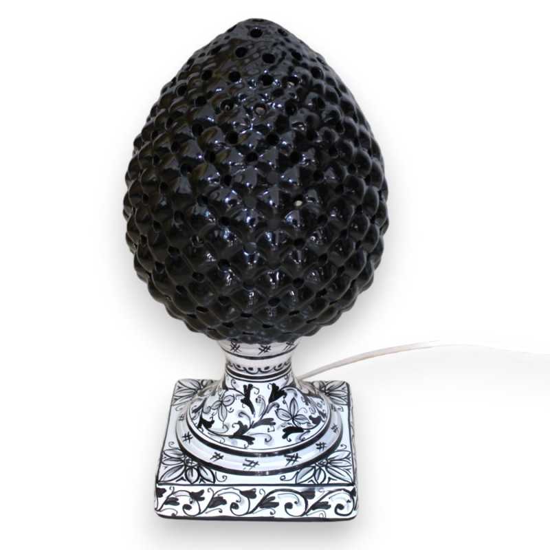 Perforated Pigna lamp in Caltagirone ceramic - h 35 cm approx. Black with square stem with baroque decoration - 