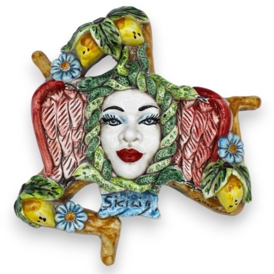 Trinacria ceramica Caltagirone - h 25 cm x 22 cm ca. decoro limoni e floreale, ali rosse - 