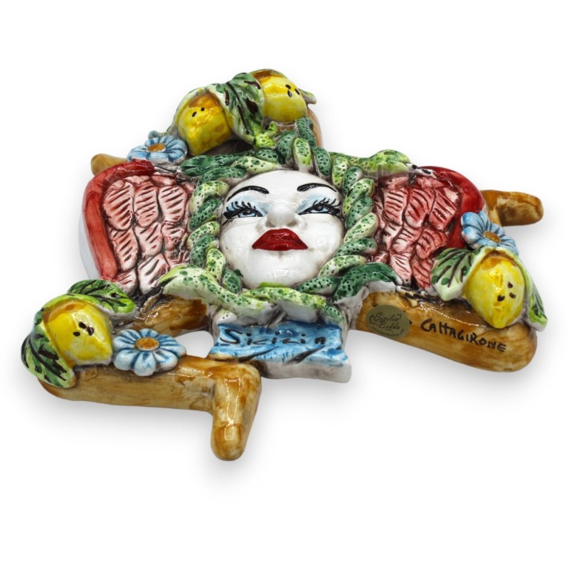 Trinacria ceramica Caltagirone - h 25 cm x 22 cm ca. decoro limoni e floreale, ali rosse - 