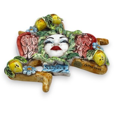 Trinacria ceramica Caltagirone - h 25 cm x 22 cm ca. decoro limoni e floreale, ali rosse - 