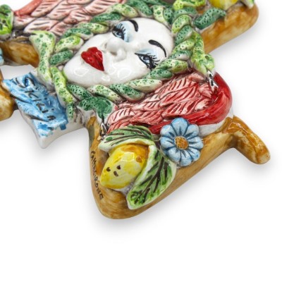 Trinacria ceramica Caltagirone - h 25 cm x 22 cm ca. decoro limoni e floreale, ali rosse - 