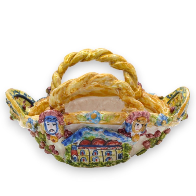 Coffa in fine Sicilian ceramic - L 19 cm x h 11 cm approx. Relief decorations with a Sicilian cart and prickly pear them