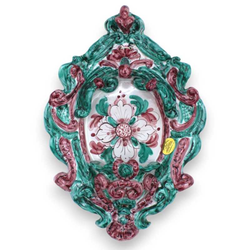Acquasantiera in ceramica Siciliana - h 30 cm x L 21 cm ca. decoro floreale su fondo verde e bordeaux MD2 - 