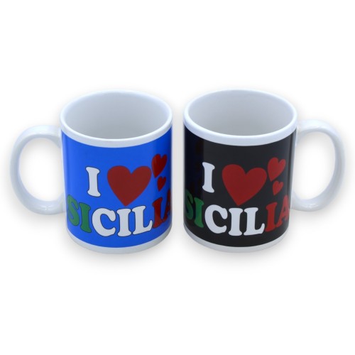Tazza manico classico in ceramica - h 10 cm ca. Scritta I Love Sicilia, con 2 opzioni colore - 