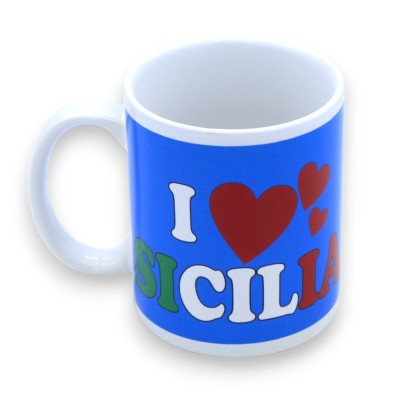Klassischer Henkelbecher aus Keramik – H ca. 9,5 cm „I Love Sicilia“-Dekoration, mit 2 Farboptionen - 