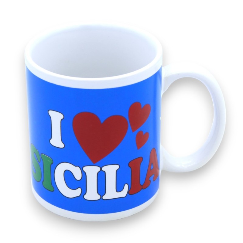 Ceramic mug with classic handle - h 9.5 cm approx. "I Love Sicilia" decoration, with 2 color options - 