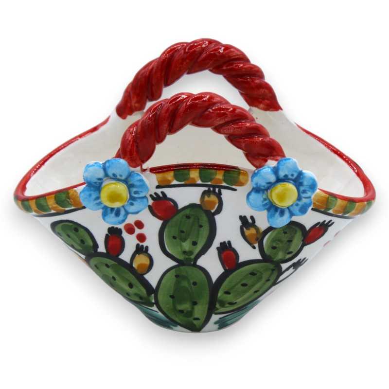 Coffa in ceramica Caltagirone - h 11 x 15 cm ca. decoro pale ficodindia e applicazione di fiori - 
