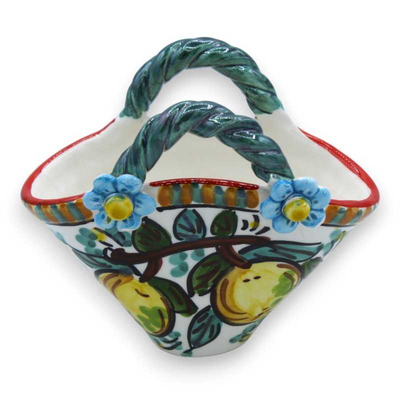 Coffa in ceramica Caltagirone - h 12 x 15 cm ca. decoro limoni e carretto con applicazioni fiori - 