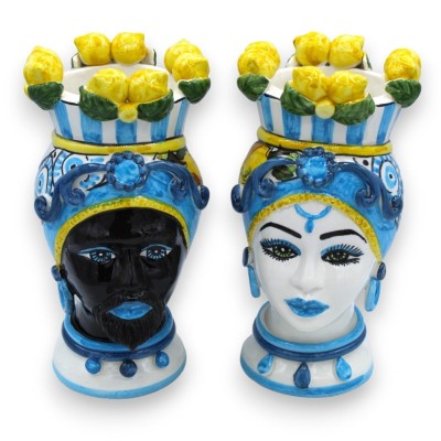 Sicilianska morhuvuden (par) h ca 23 cm Caltagirone keramik, krona av citroner och turkos bakgrund - 