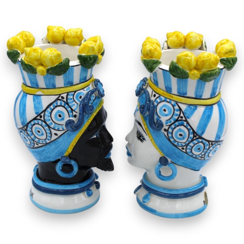 Sicilian Moor heads (pair) h approx. 23 cm Caltagirone ceramic, Crown of lemons and turquoise background - 