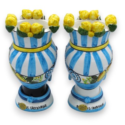 Cabezas de moro siciliano (par) h aproximadamente 23 cm Cerámica de Caltagirone, Corona de limones y fondo turquesa. - 