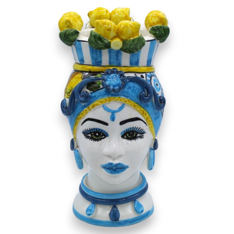 Têtes de lande siciliennes (paire) h environ 23 cm Céramique Caltagirone, Couronne de citrons et fond turquoise - 