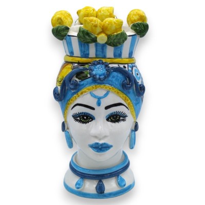 Têtes de lande siciliennes (paire) h environ 23 cm Céramique Caltagirone, Couronne de citrons et fond turquoise - 