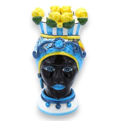 Sicilian Moor heads (pair) h approx. 23 cm Caltagirone ceramic, Crown of lemons and turquoise background - 