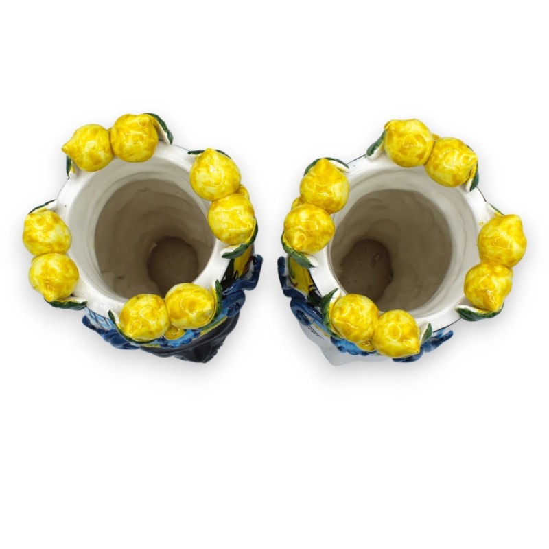 Sicilian Moor heads (pair) h approx. 23 cm Caltagirone ceramic, Crown of lemons and turquoise background - 