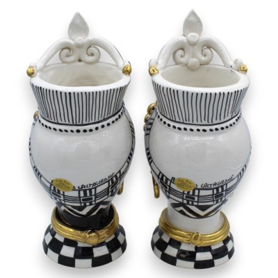 Pair of Caltagirone Moor's Heads h 26 cm approx. GIOVE model, 24k pure gold enamel, black and white background - 