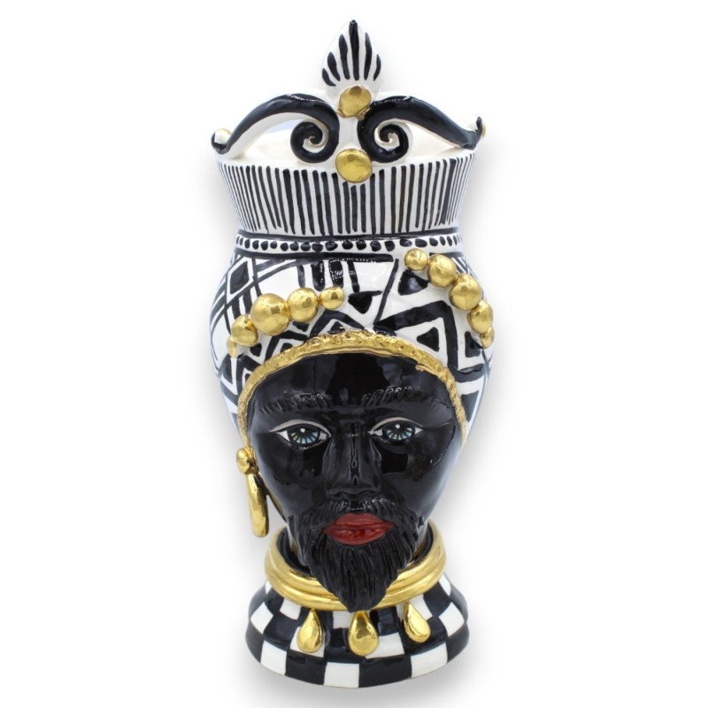 Pair of Caltagirone Moor's Heads h 26 cm approx. GIOVE model, 24k pure gold enamel, black and white background - 